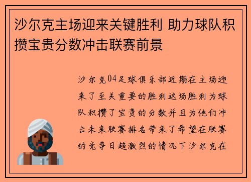 沙尔克主场迎来关键胜利 助力球队积攒宝贵分数冲击联赛前景